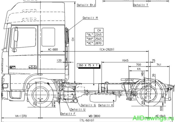 DAF XF 95 Low-Deck (2002) чертежи (рисунки) грузовика